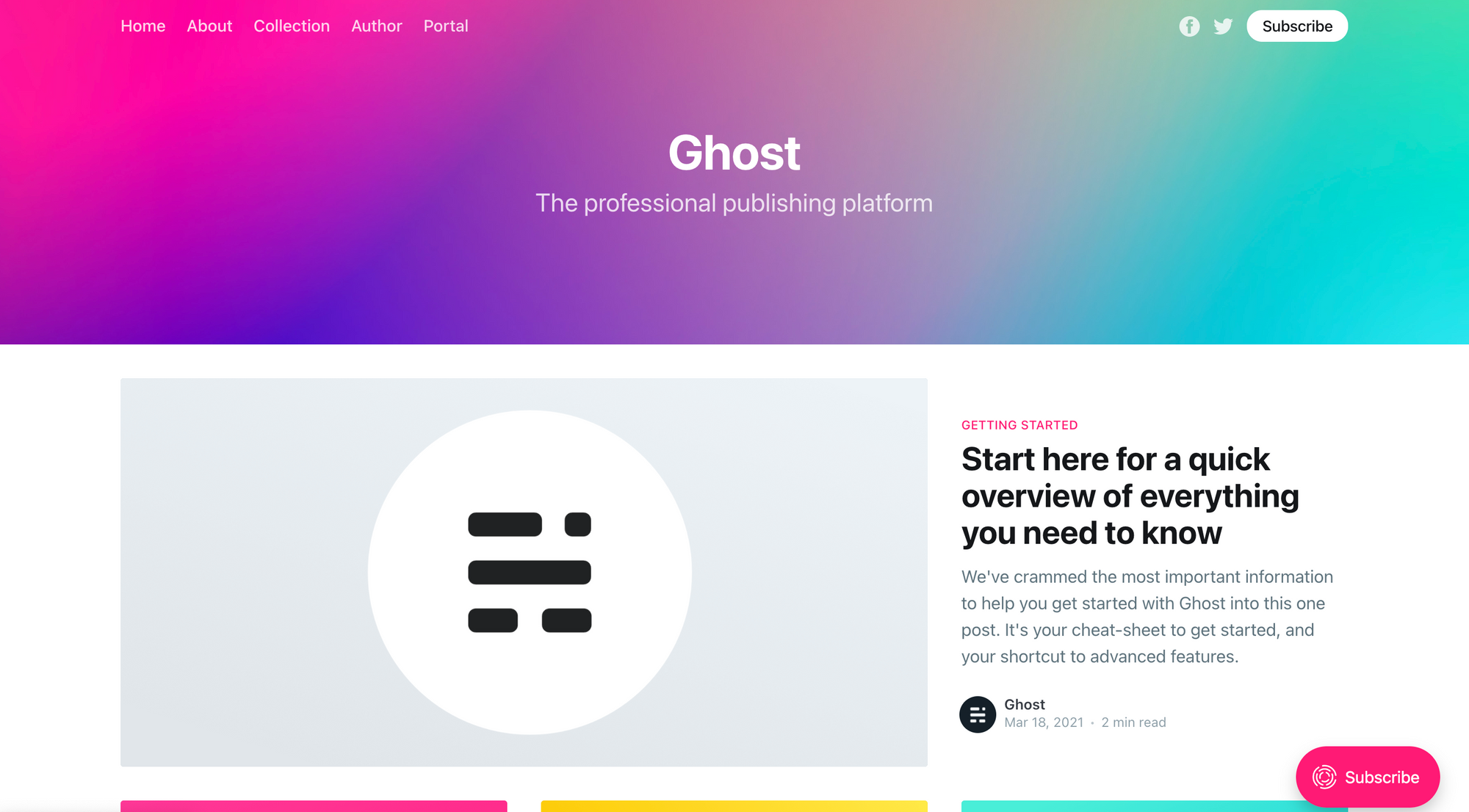 Your blog will look like this when first set up (see demo.ghost.io)