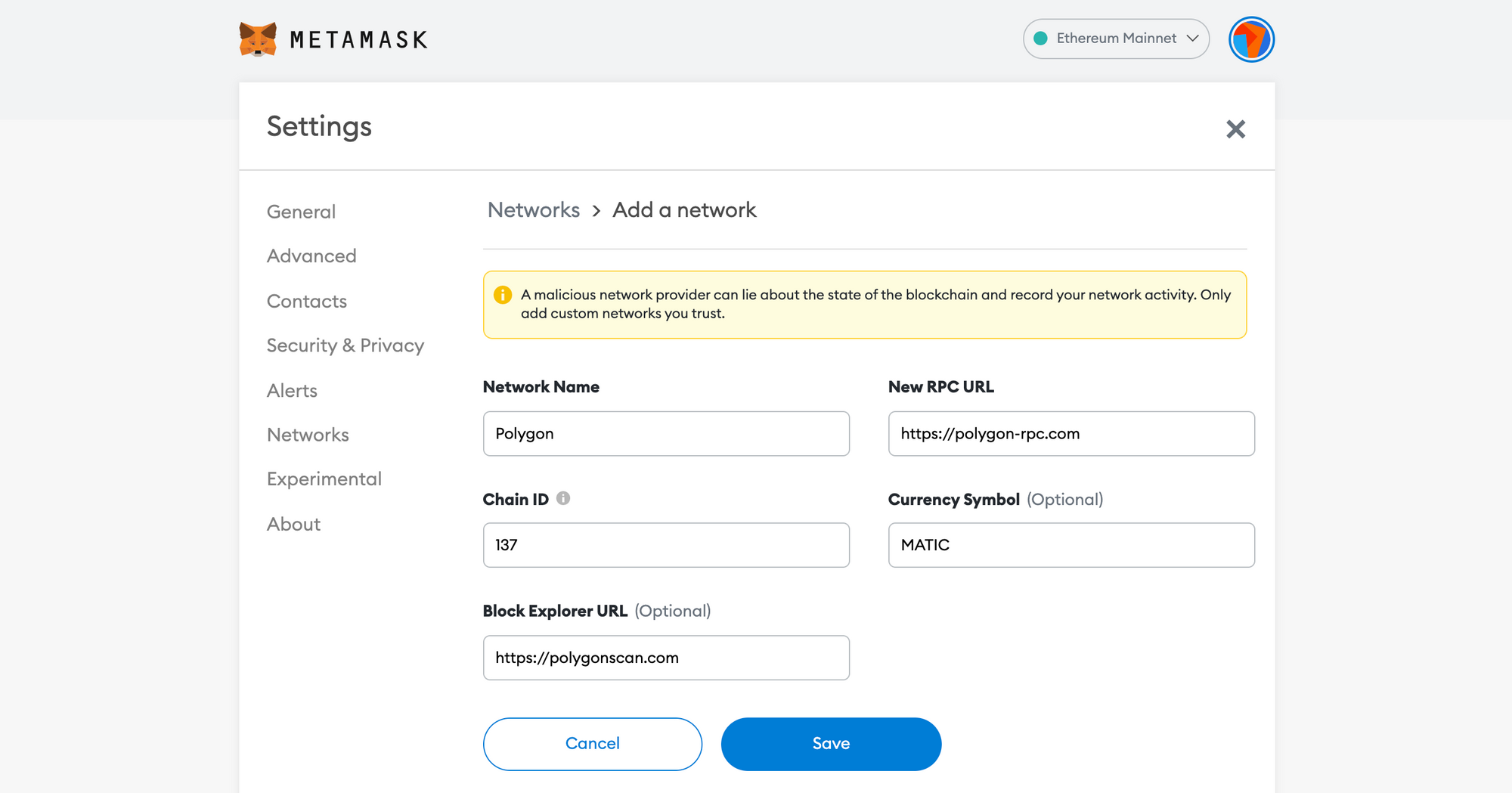 Custom Polygon Network on MetaMask