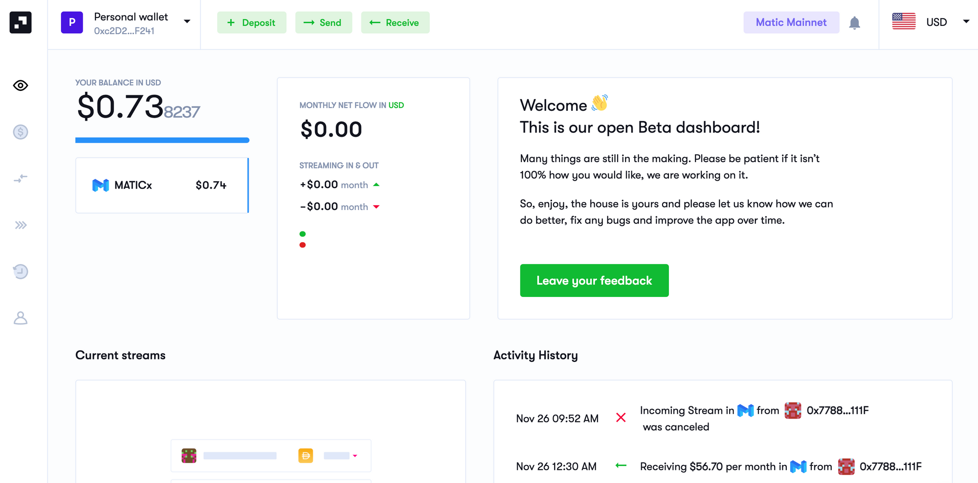 Superfluid recipient dashboard