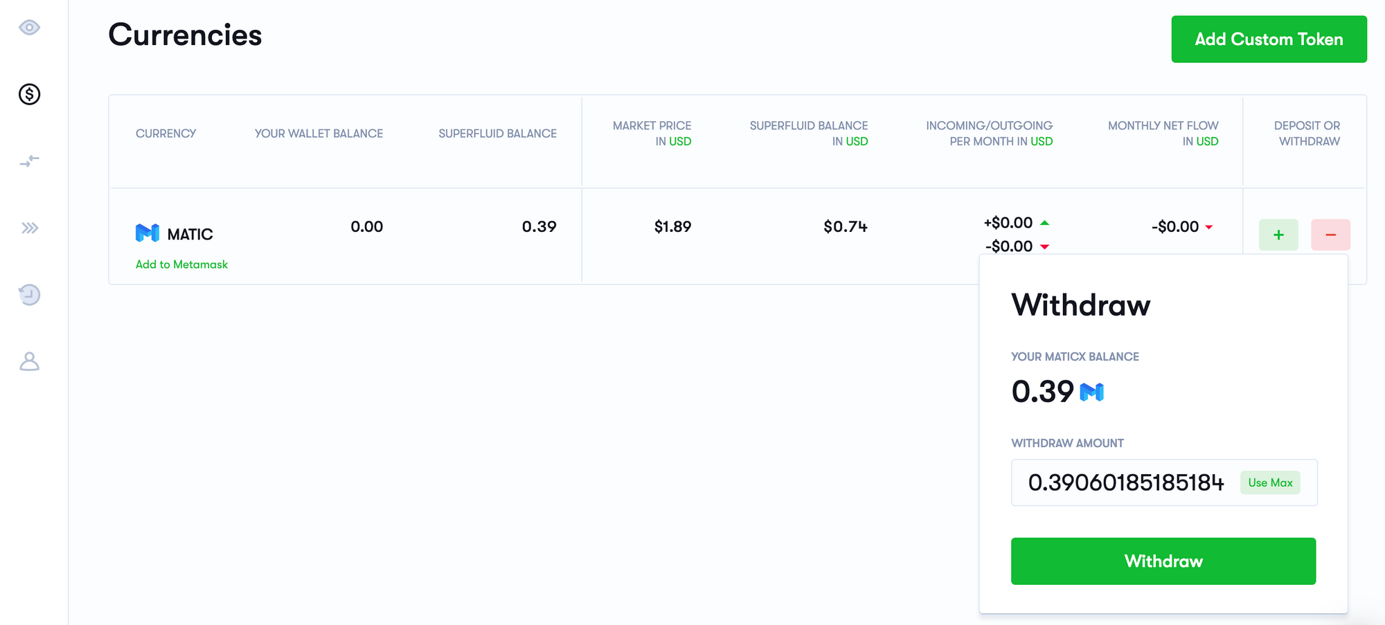 Superfluid token withdrawal