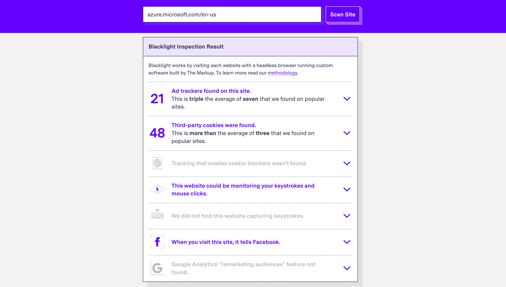 Azure website inspection using Blacklight