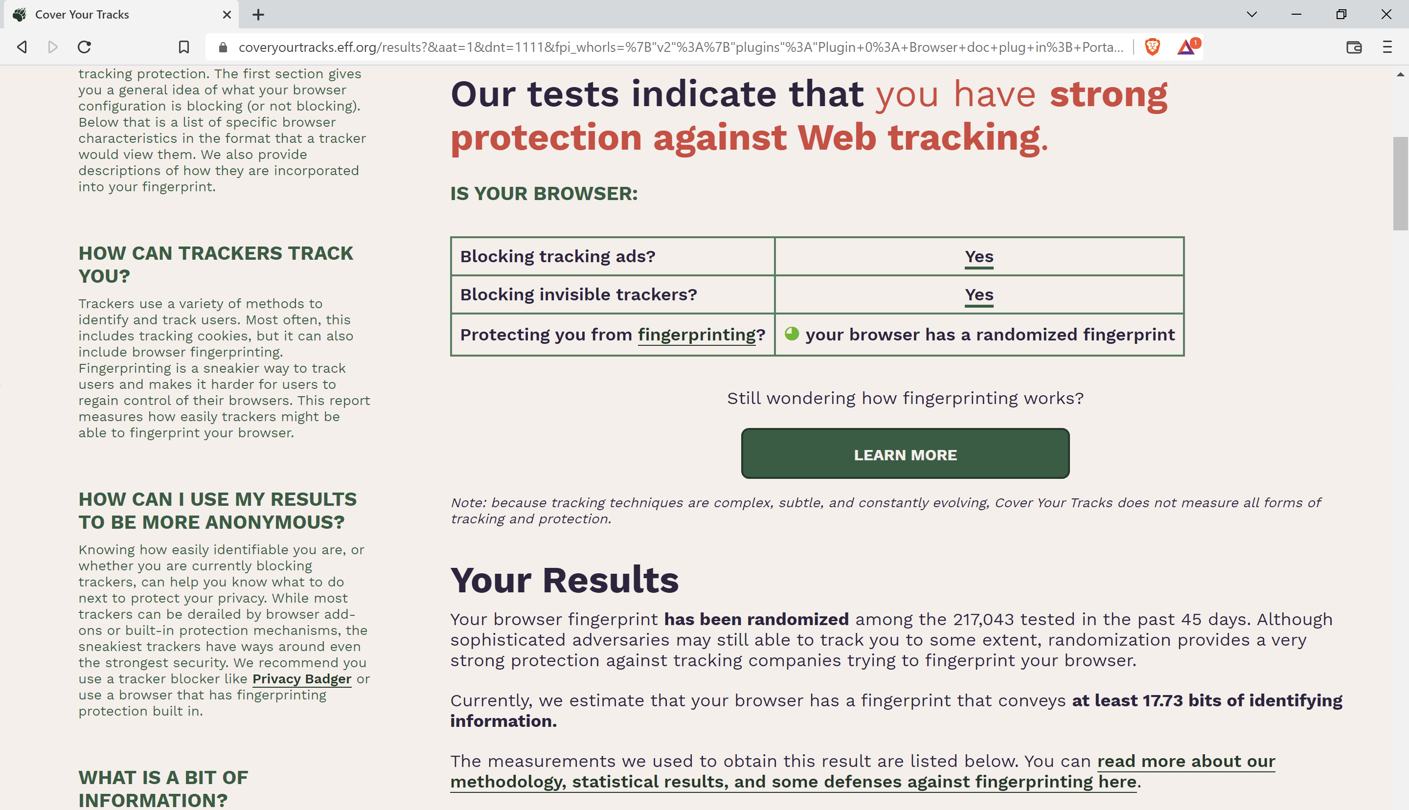 Browser test results for Brave