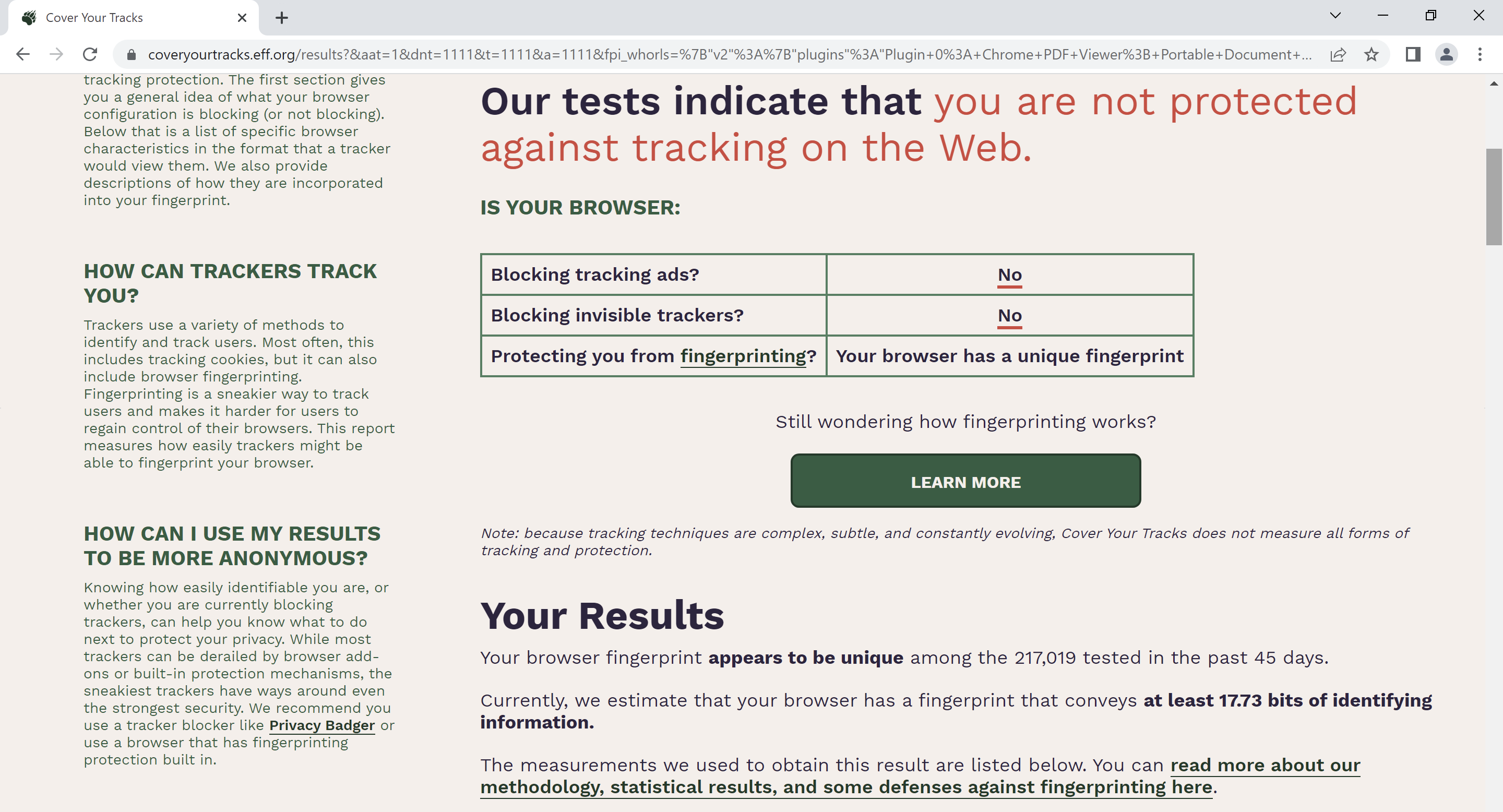 Browser test results for Google Chrome