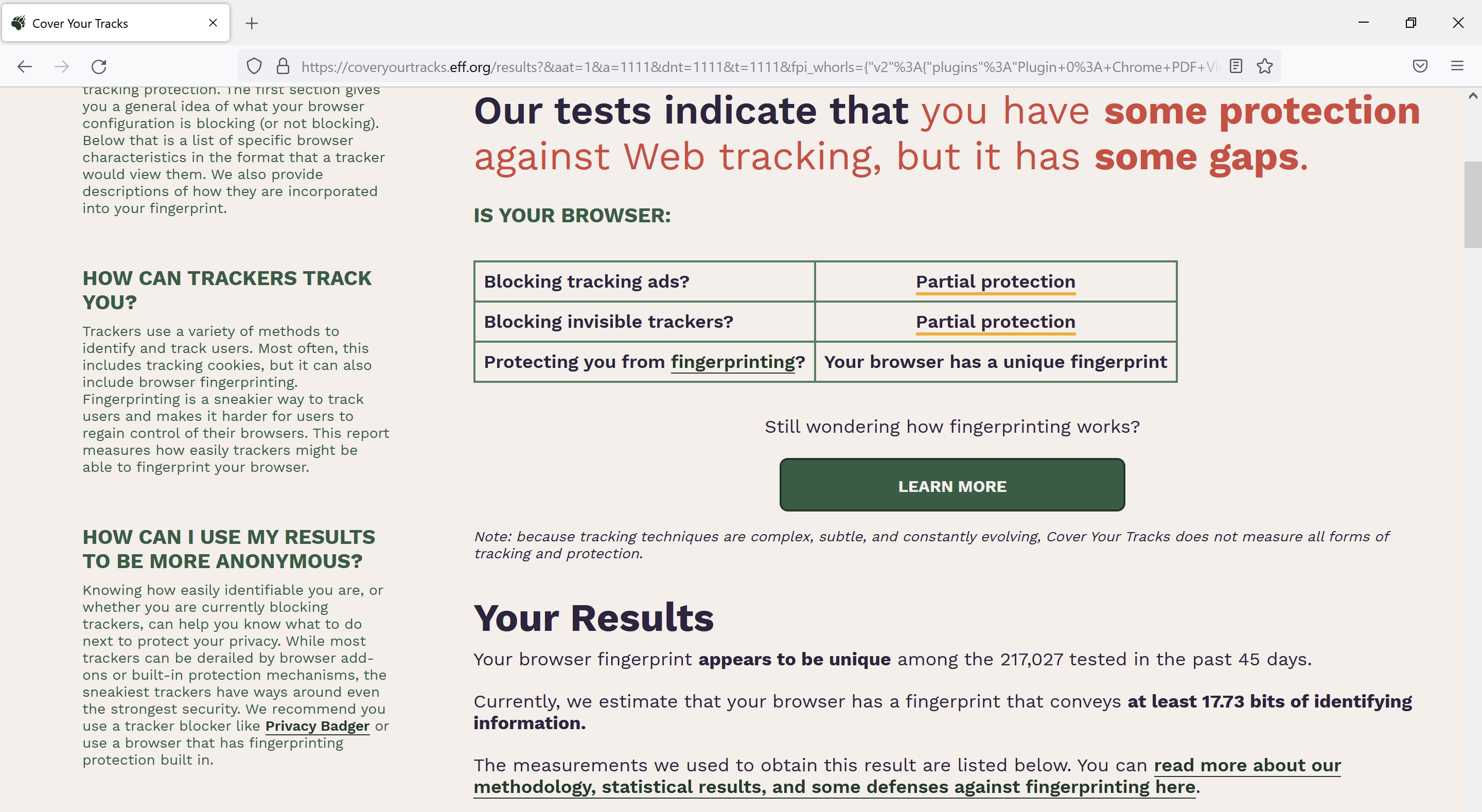 Browser test results for Mozilla Firefox