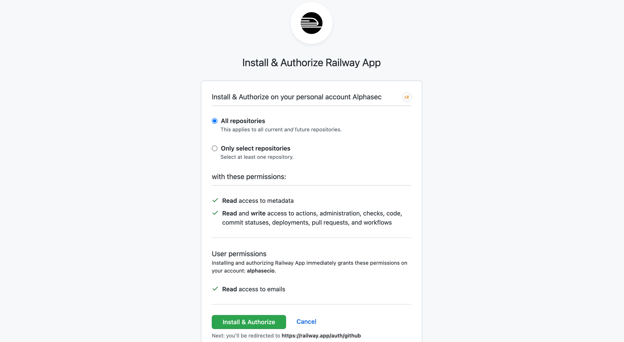 Install & authorize Railway app on Github