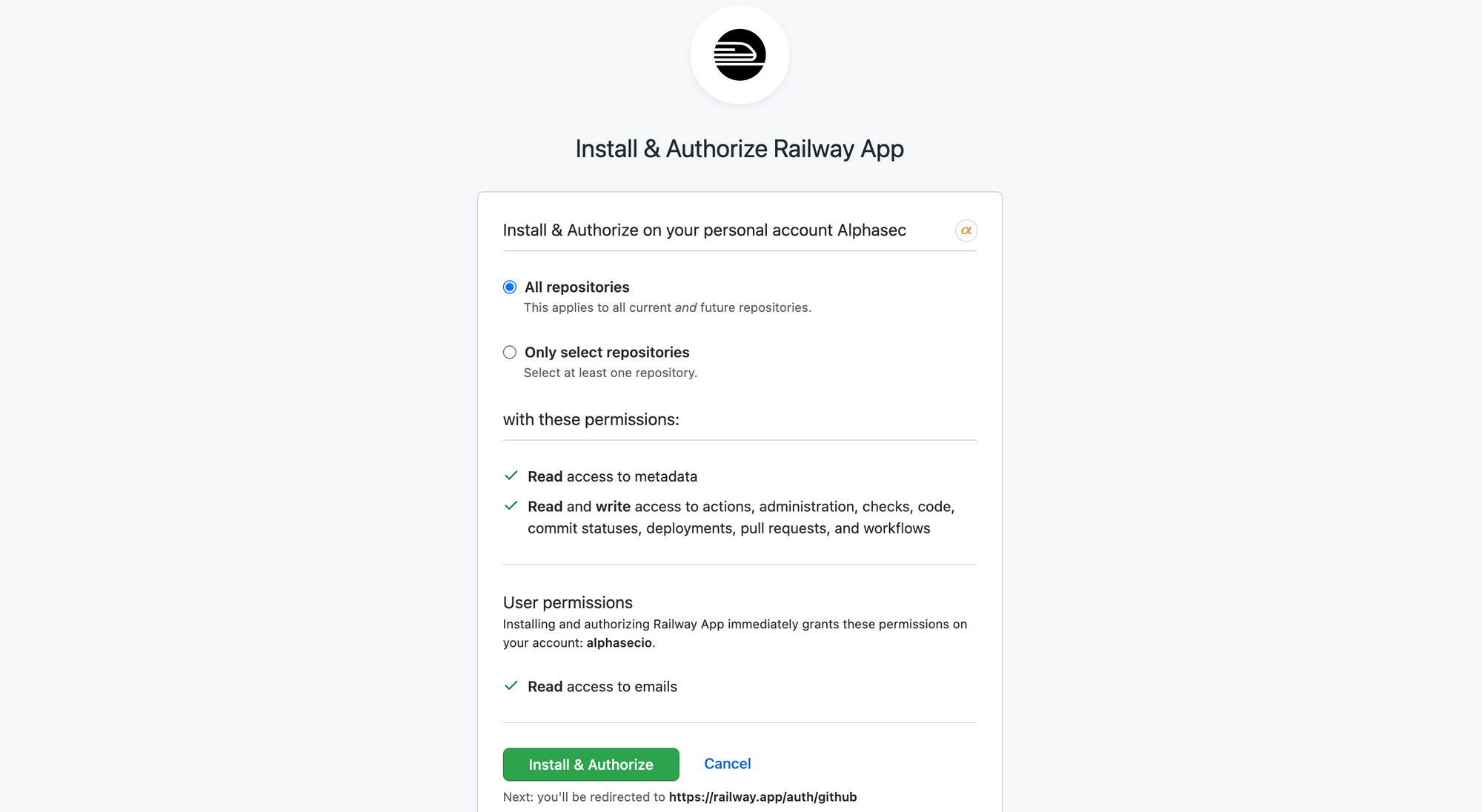 Install & authorize Railway app on GitHub