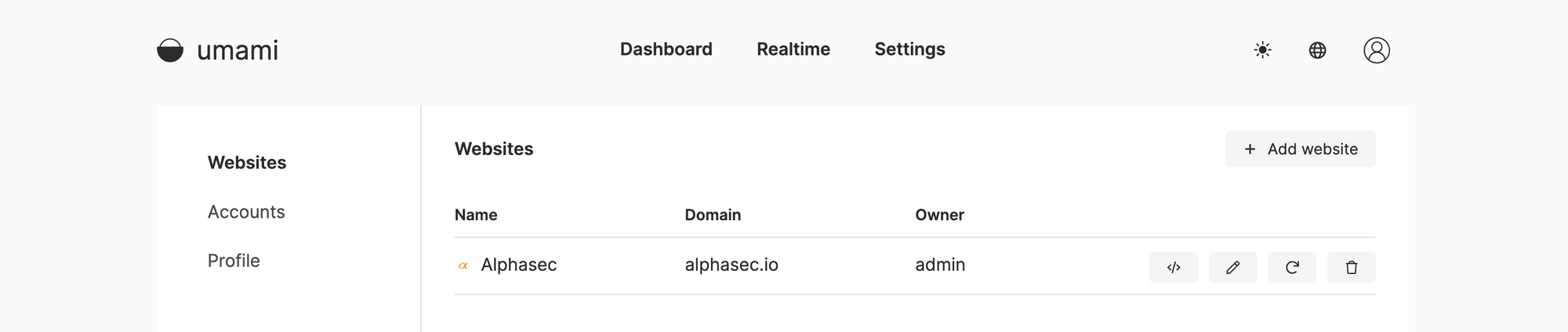 Website tracking code for Umami Analytics