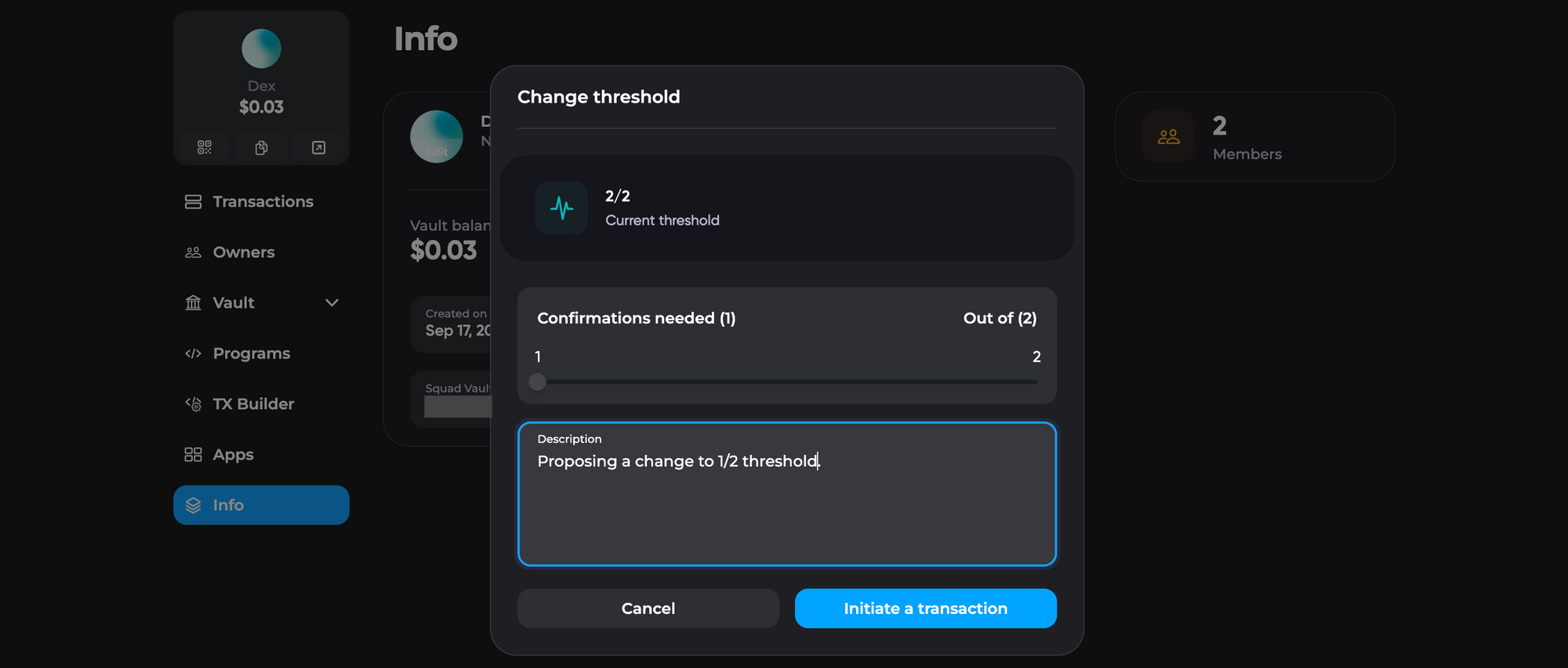 Create transaction to change confirmations threshold