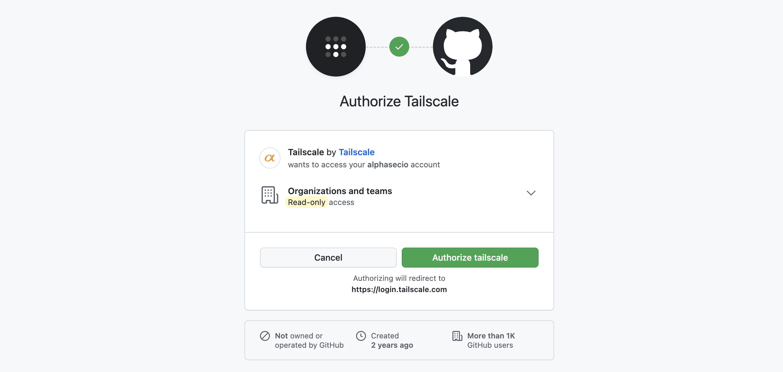 Authorize Tailscale access to GitHub account