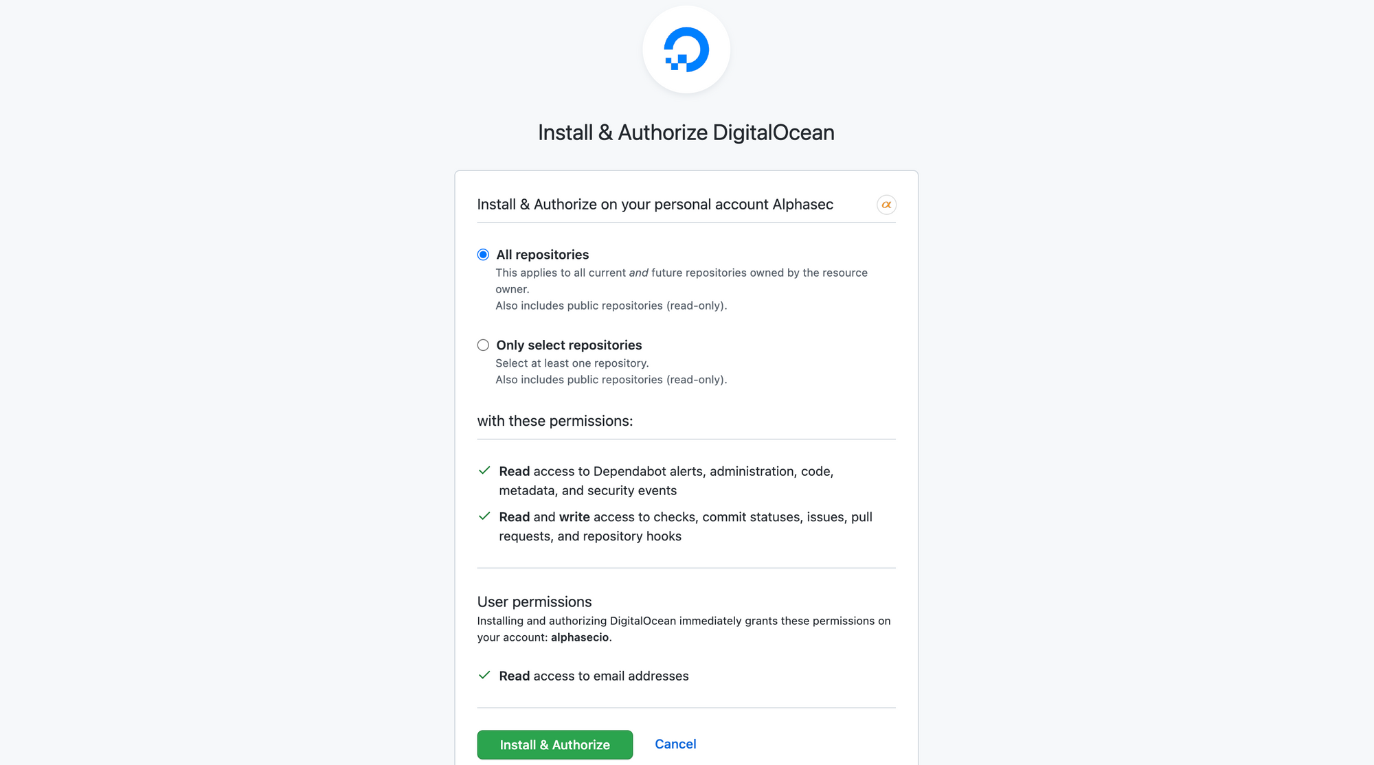 Install & authorize DigitalOcean on GitHub
