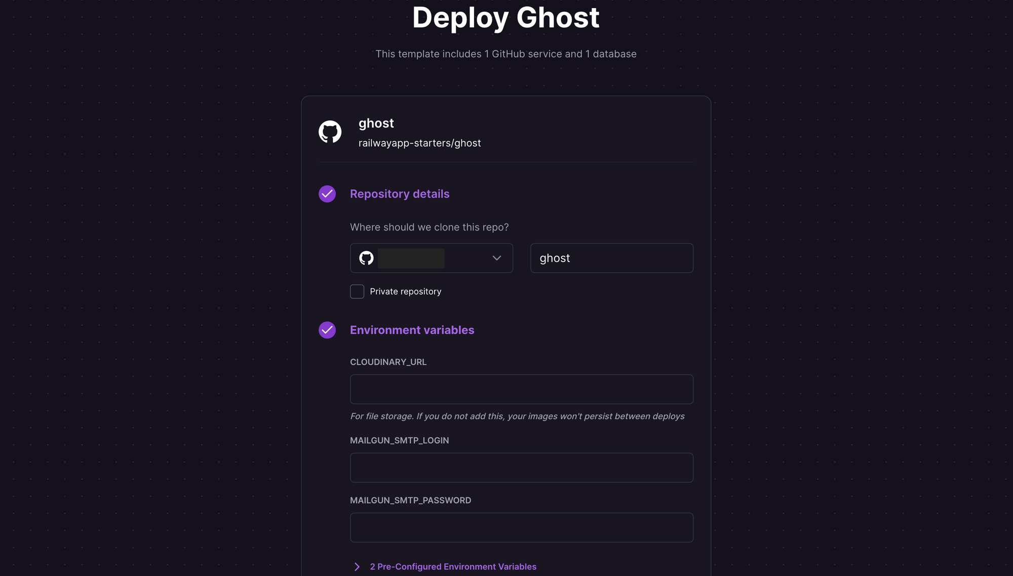 Deploy Ghost one-click starter template