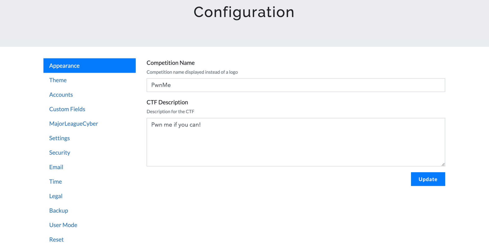 CTFd admin configuration page