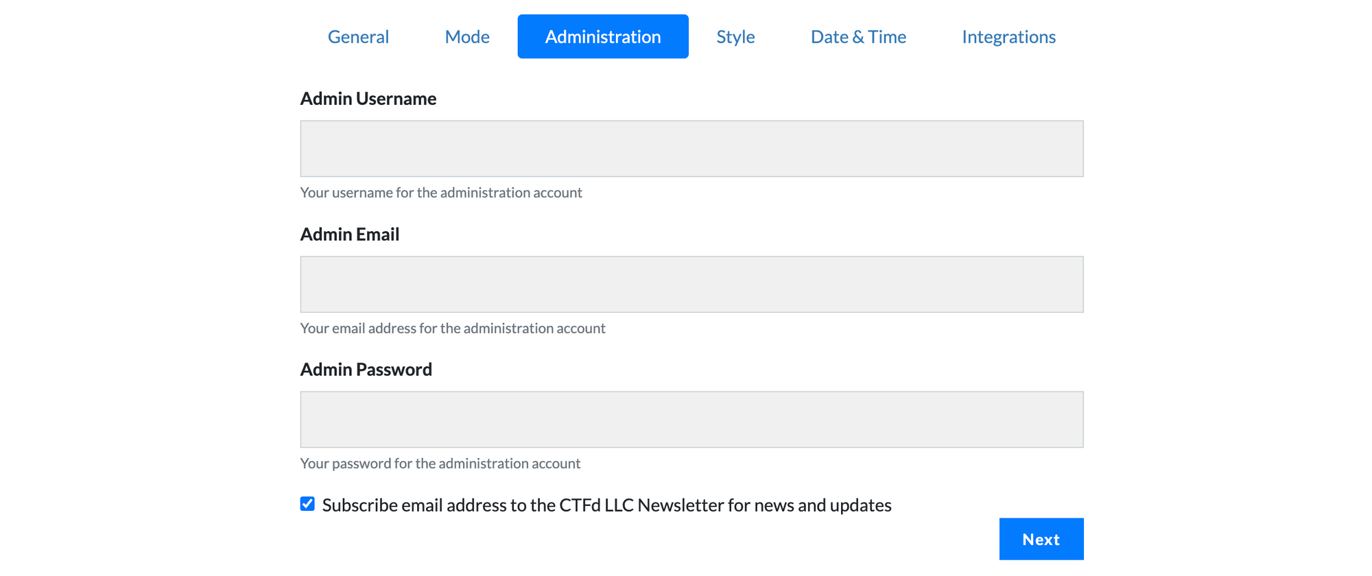 CTFd setup page - admin details