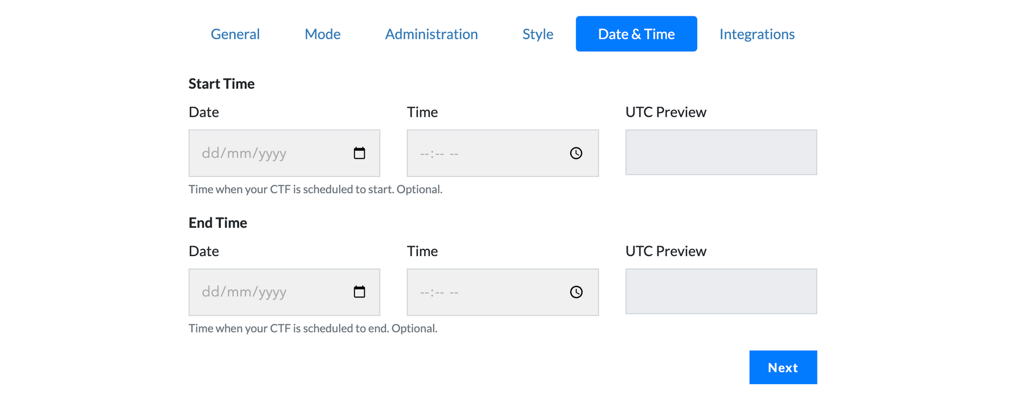 CTFd setup page - event duration