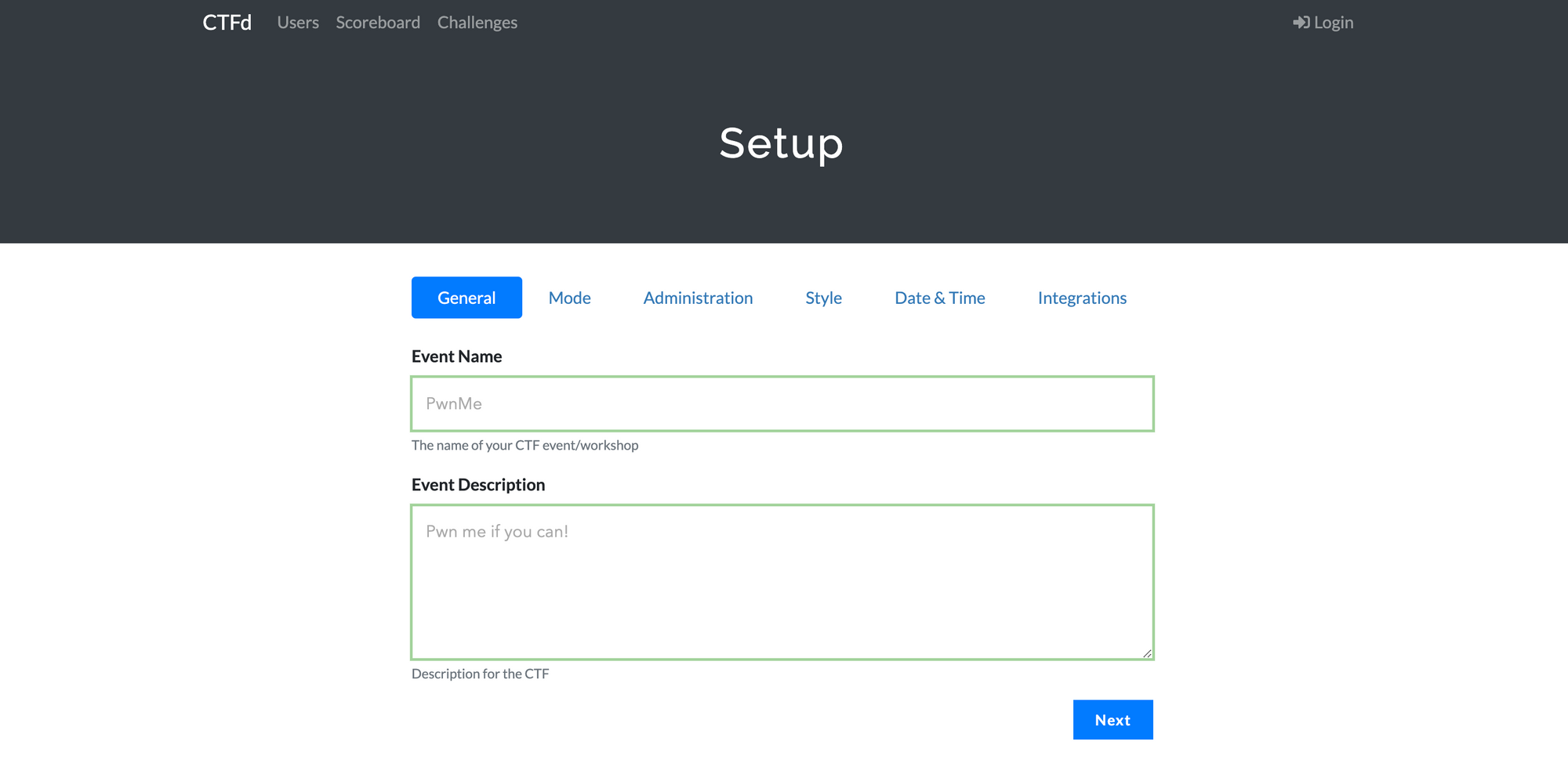 CTFd setup page - event details