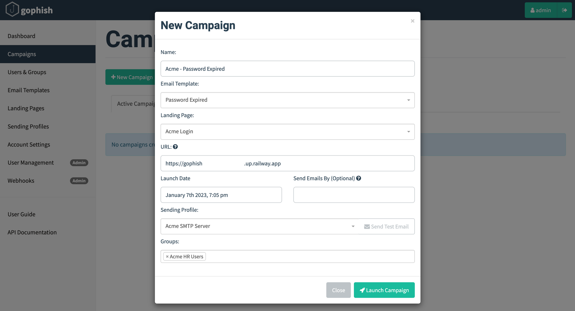 Create new Gophish campaign