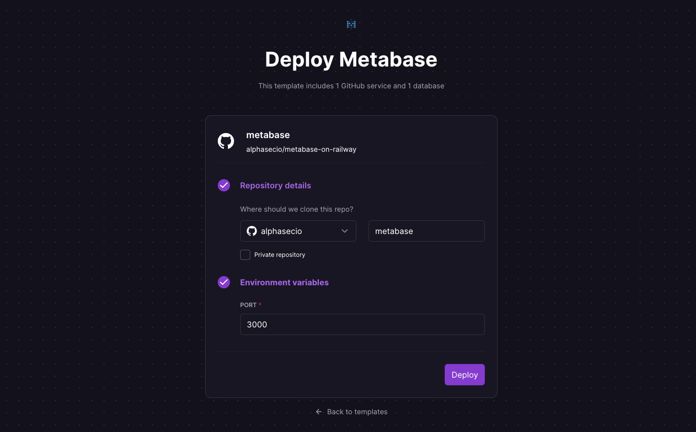 Deploy Metabase using the one-click starter template