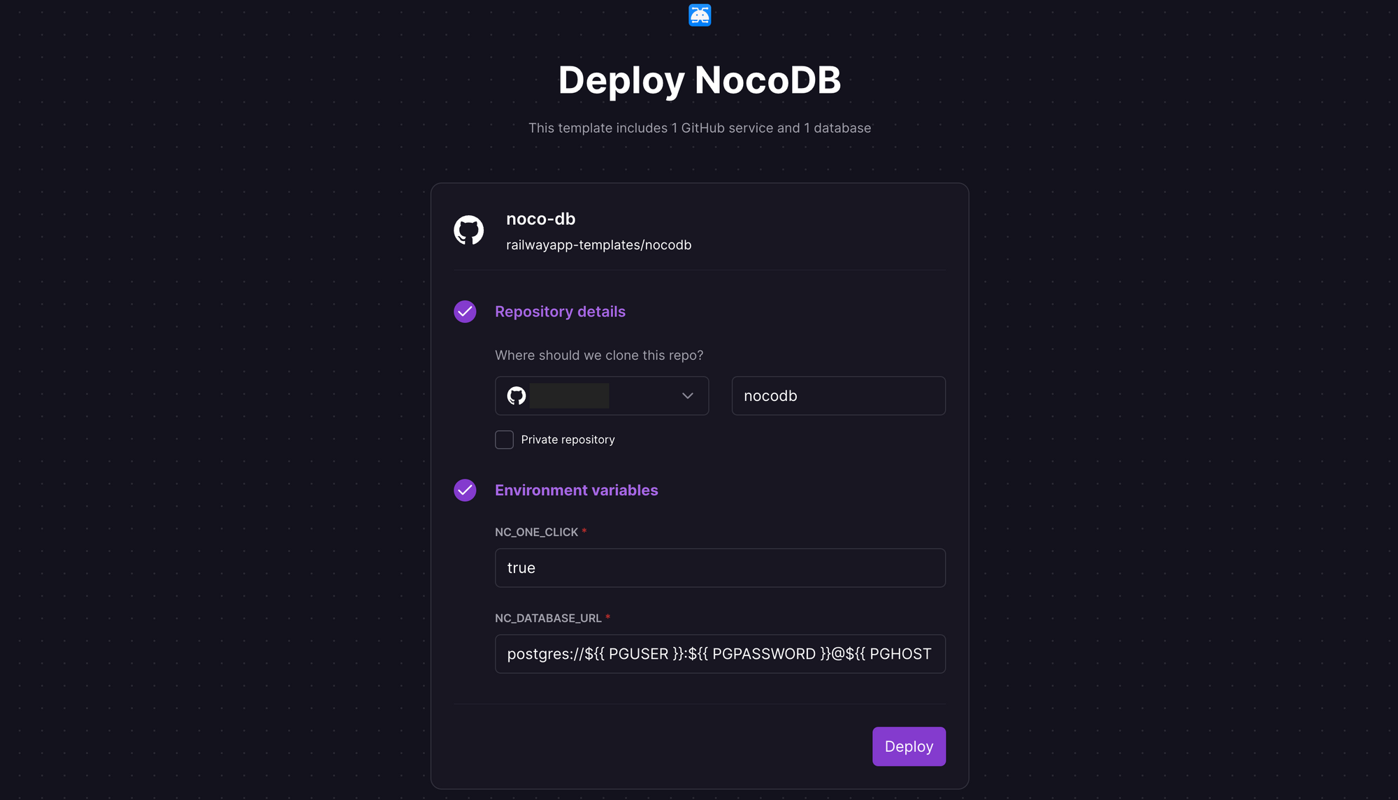 Deploy NocoDB using the one-click starter template