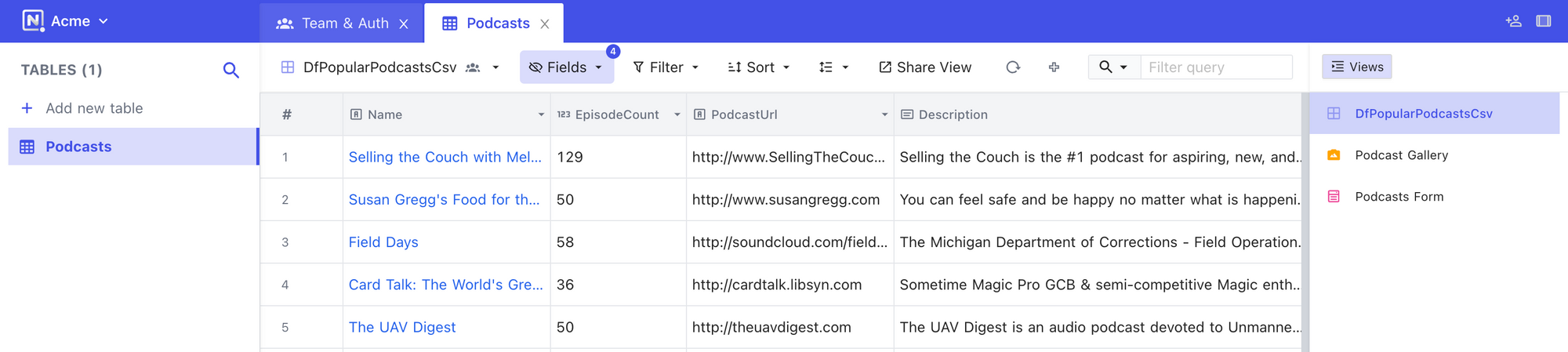 NocoDB grid view