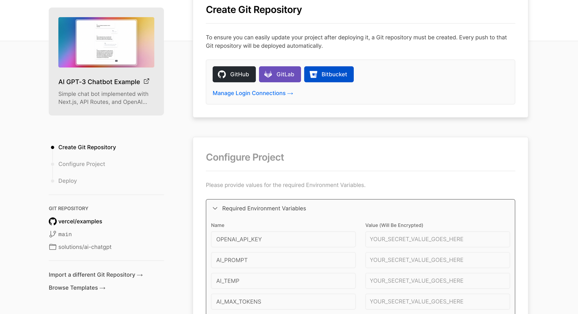 Connect and create Git repository