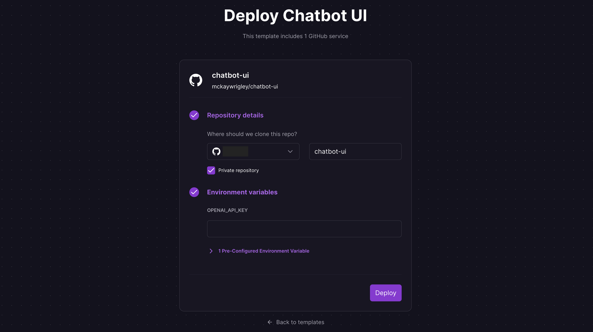 Deploy Chatbot UI using one-click starter on Railway