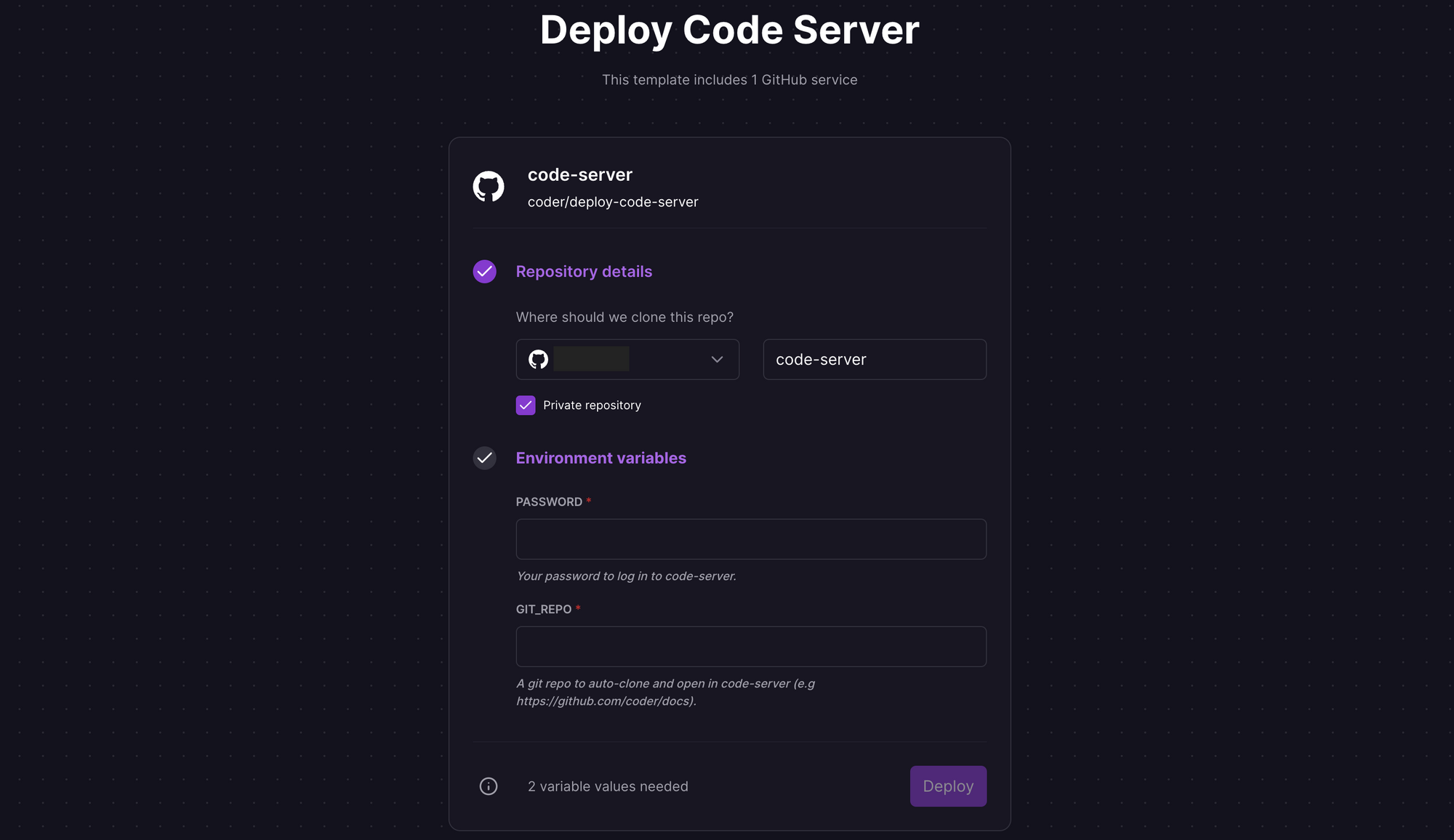 Deploy code-server using one-click template on Railway
