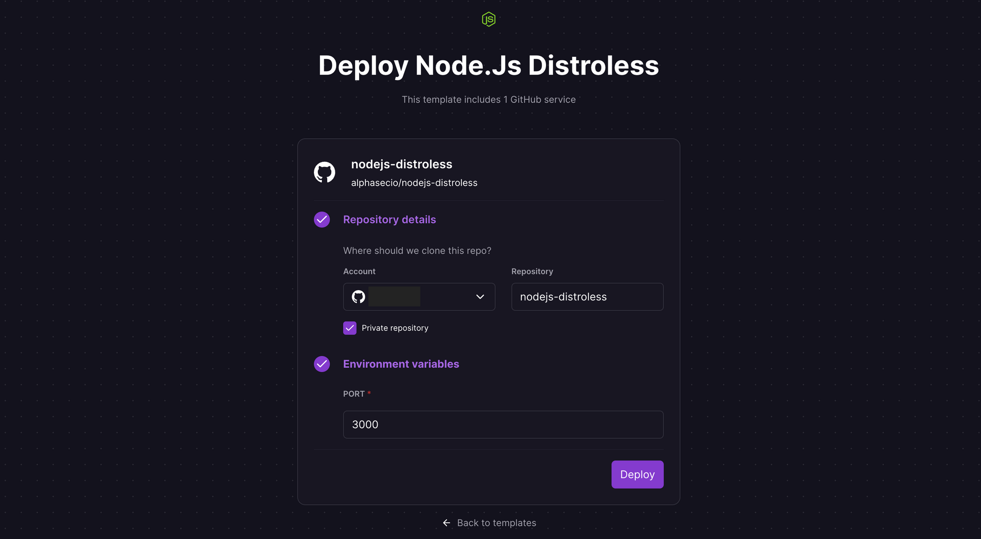 Deploy Node.js Distroless one-click template on Railway