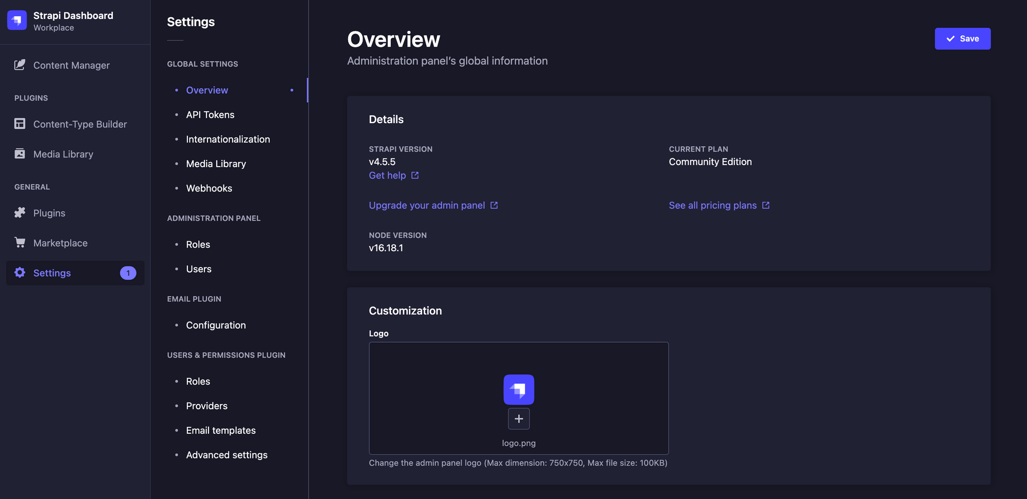 Strapi settings overview