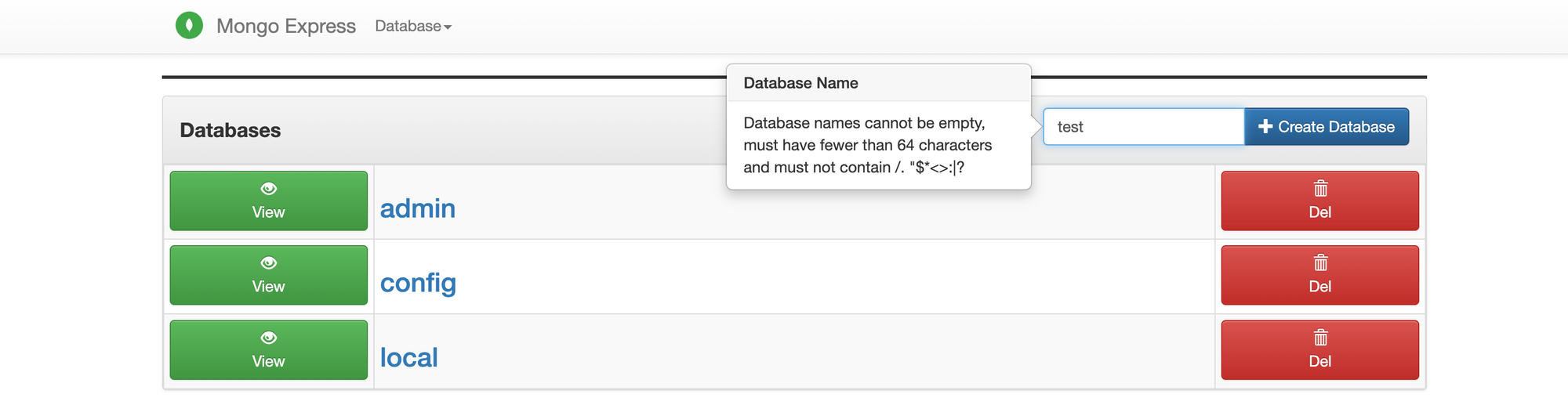 Mongo Express - create new database