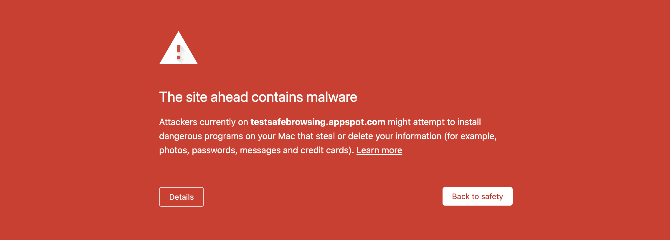 Safe Browsing warning for a site that contains malware