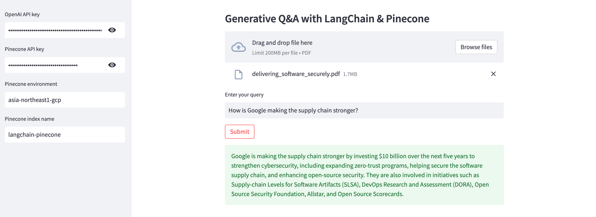 Sample question-answering with LangChain and Pinecone