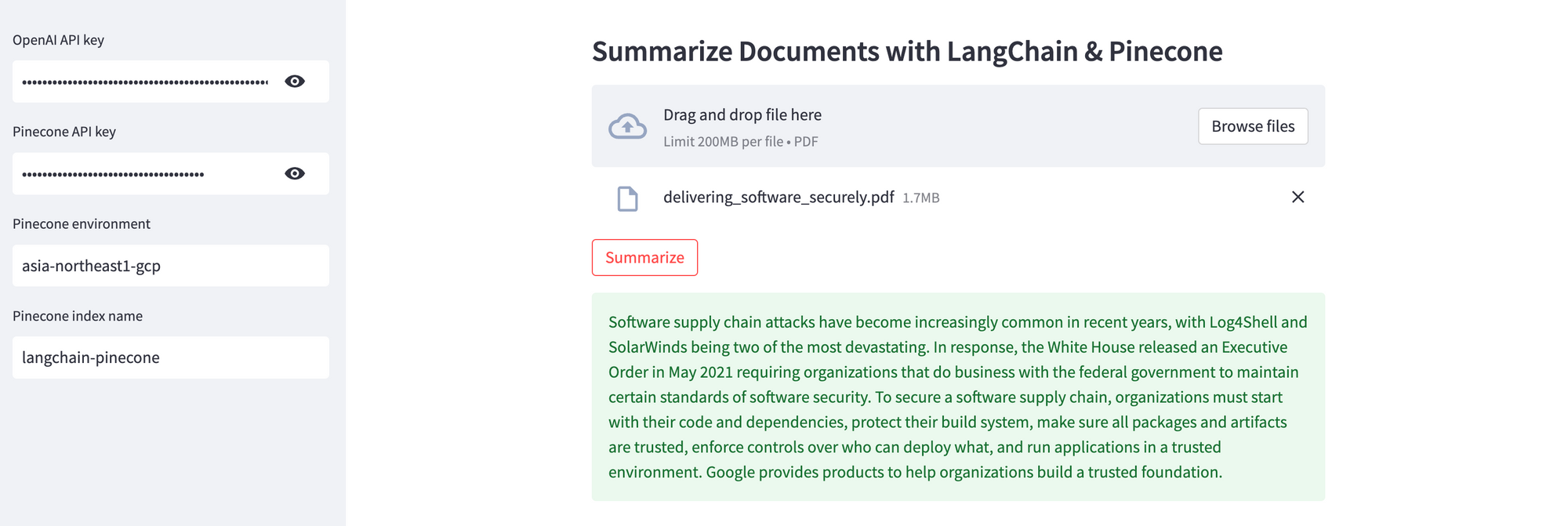 Sample document summary using LangChain and Pinecone