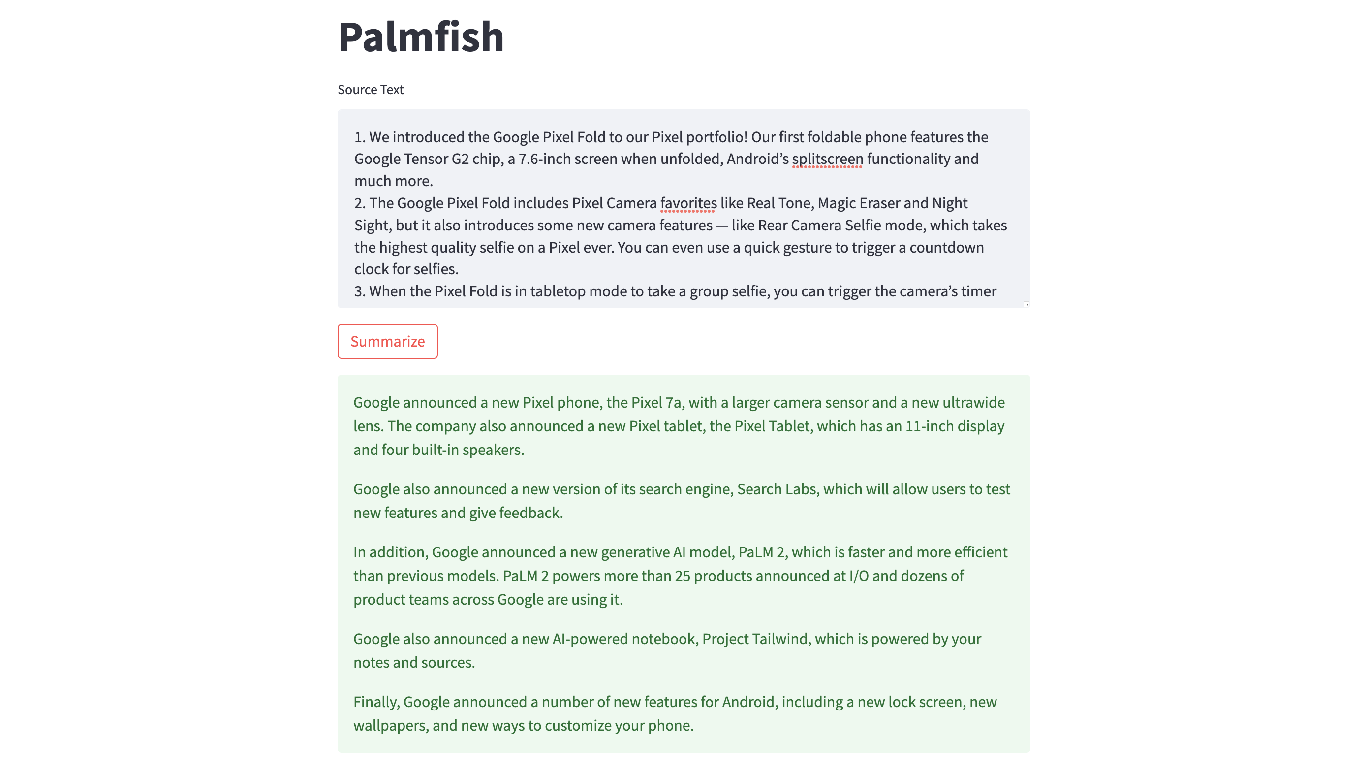 Text summarization using PaLM API