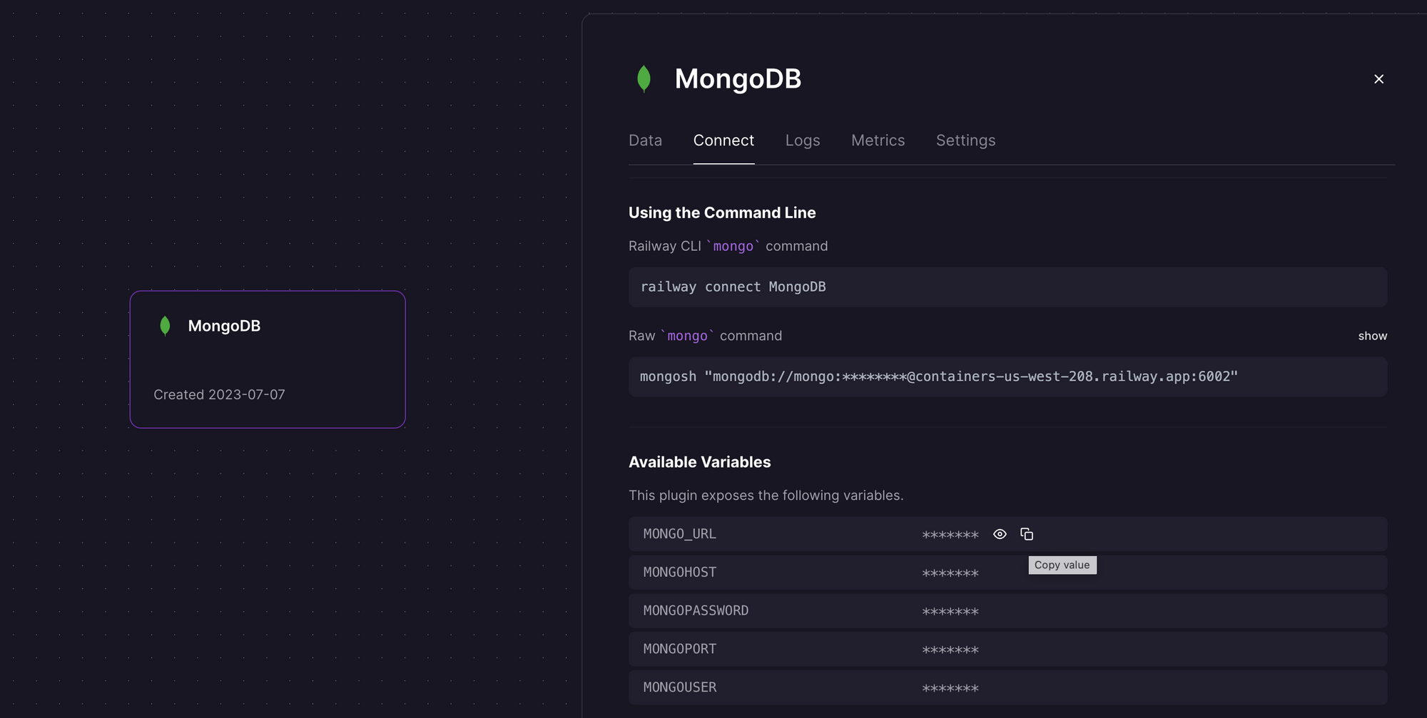 MONGO_URL variable for the MongoDB service