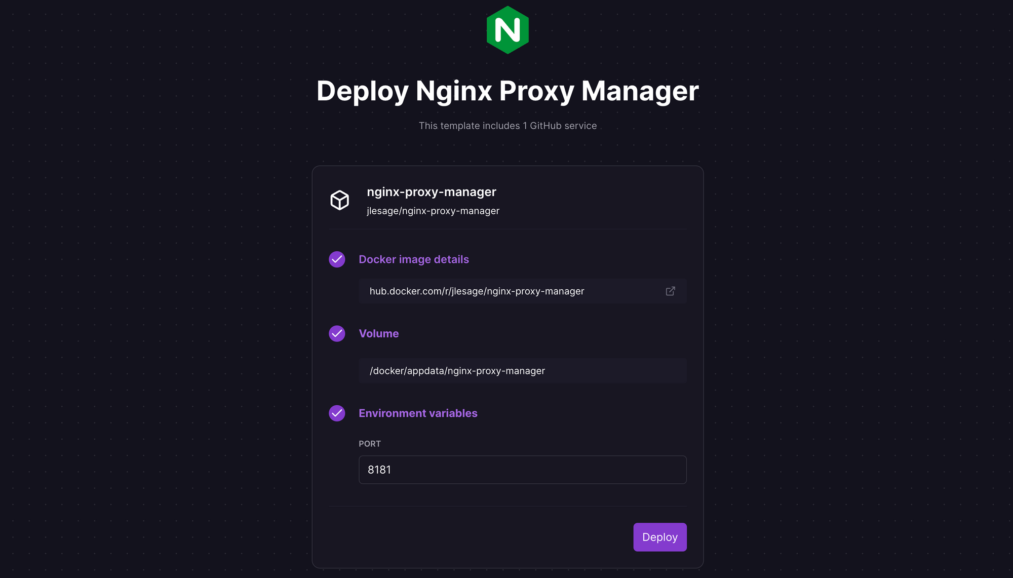 Deploy Nginx Proxy Manager using a one-click template on Railway