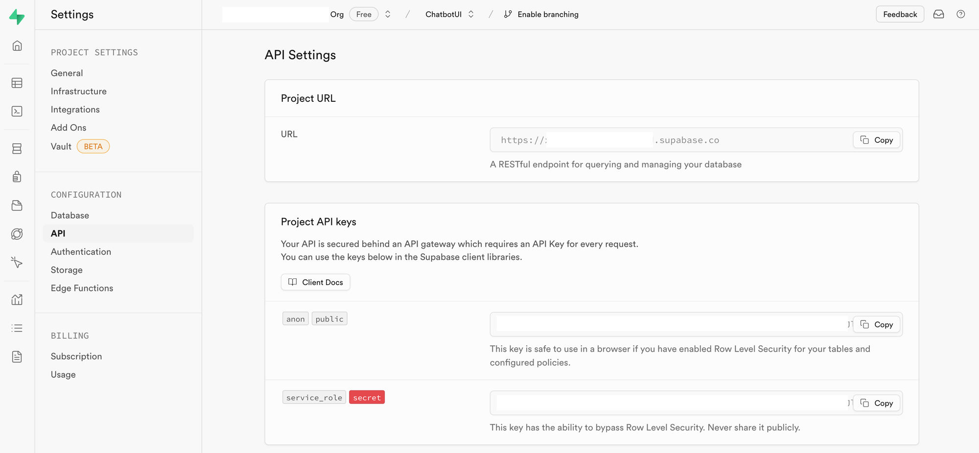 Supabase project settings