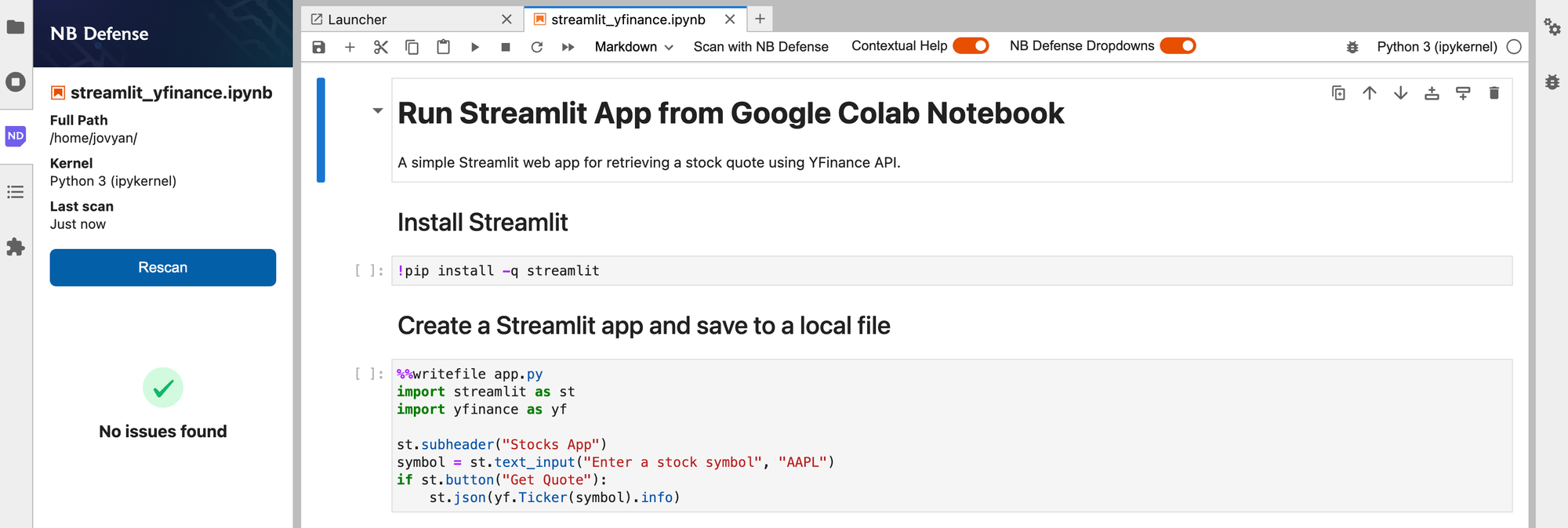 Jupyter notebook after NB Defense scan - no issues found