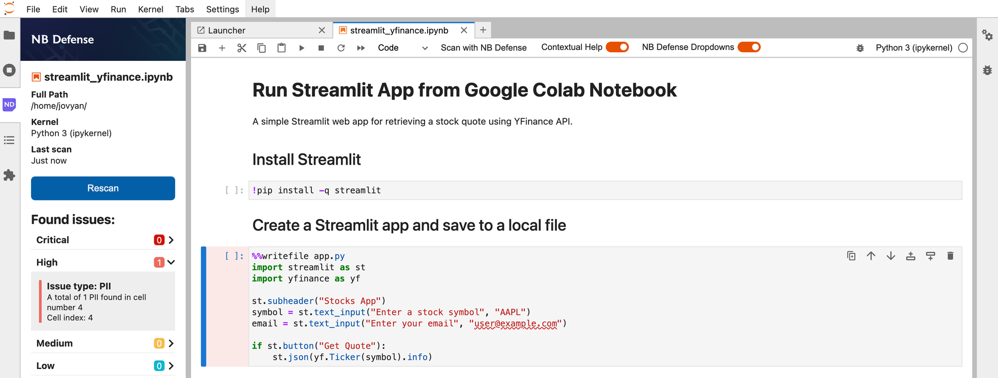 Jupyter notebook after NB Defense scan - some issues found