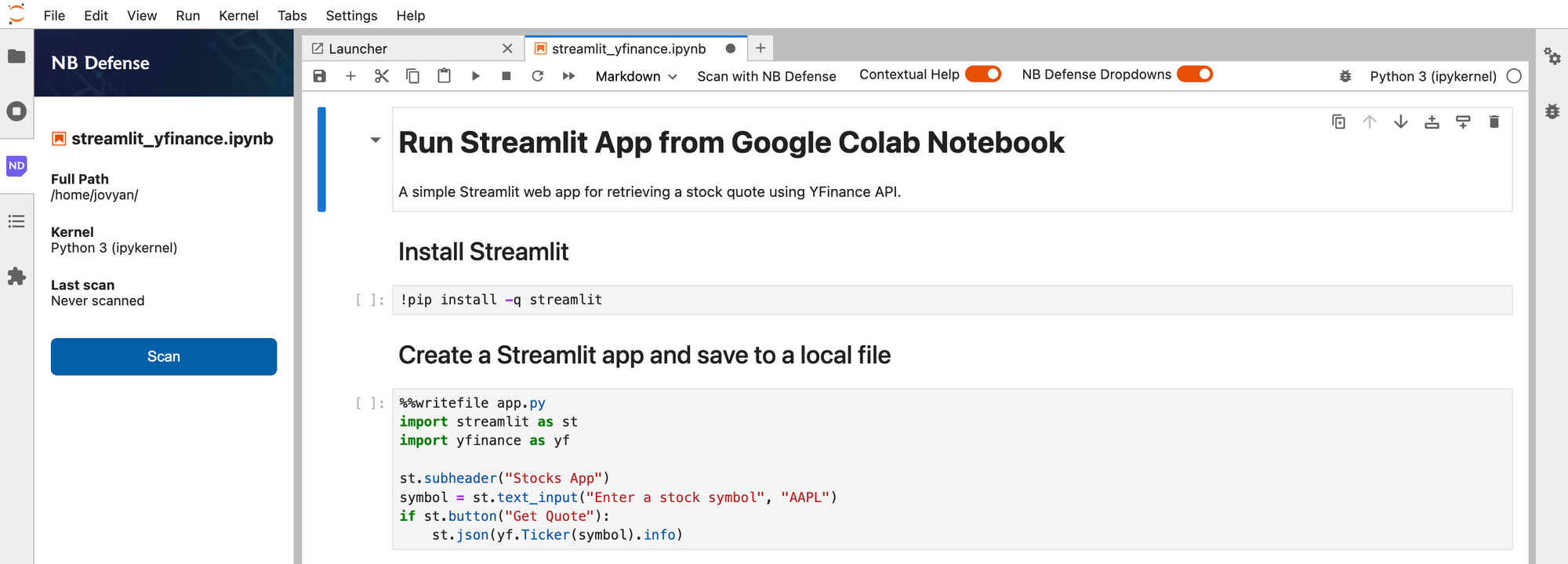 Jupyter notebook before NB Defense scan